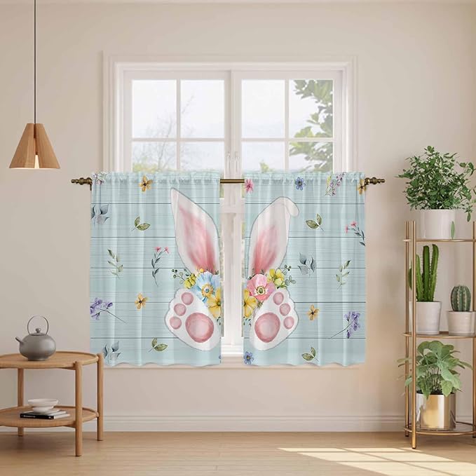 Easter Kitchen Curtains 54 Inch Long 2 Panel Set, Rod Pocket Window Curtains Panels, Spring Rabbits Ears Feet Flowers Wooden Grain Light Filtering Privacy Draperies for Bedroom Laundry 42"W x 54"L