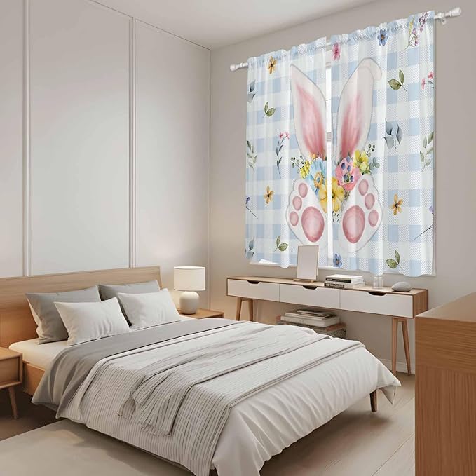 Easter Window Curtains 63 Inch Long 2 Panel Set, Rod Pocket Bedroom Curtains & Drapes, Spring Rabbits Ears Feet Floral Blue Lattice Light Filtering Window Treatment for Living Room 42"W x 63"L