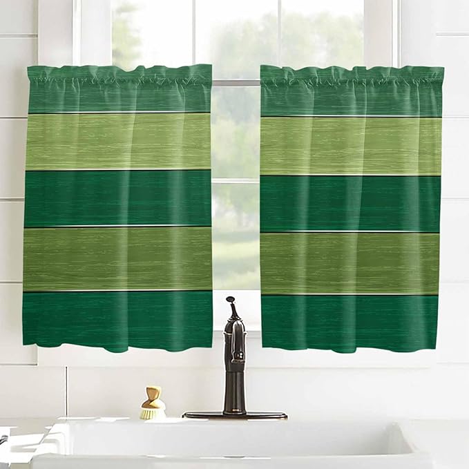 Farm Retro Green Wood Grain Window Valance Curtains, Rustic Wooden Plank Texture Light Filtering Kitchen Valance with 3-inch Rod Pocket for Living Room Bathroom Bedroom,2 Panel,52x54In