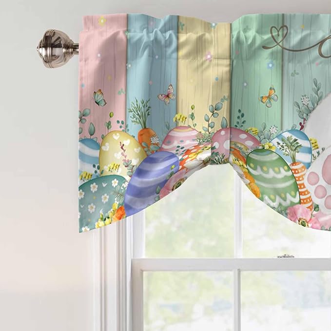Easter Tie Up Valance Curtains for Windows, Kitchen Curtains Window Shades, Spring Rabbit Ears Foot Eggs Floral Wooden Grain Light Filtering Roman Curtain Valances for Bedroom/Bathroom/Cafe 54"x18"