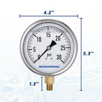 MEASUREMAN Glycerin Filled Plumbing Pressure Gauge 0-30psi Stainless Steel Case, 4" Dial 1/4" NPT Brass Lower Mount, Ideal for Residential Plumbing, Water Filtration Systems, Pneumatic Machinery