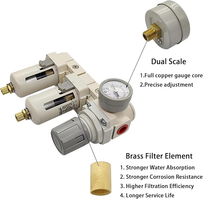 YSIL 1/2" NPT Air Filter Dryer Double Air Filters Compressor Water Separator Pressure Regulator Combo 5 Micron Brass Element(Semi-Auto Drain)