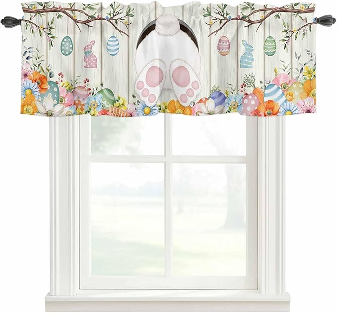 Easter Curtain Valances for Windows, Kitchen Valance Window Treatment, Spring Farmhouse Watercolor Bunny Eggs Wood Grain Light Filtering Block Curtains for Bathroom/Bedroom/Living Room 42'' x 18''