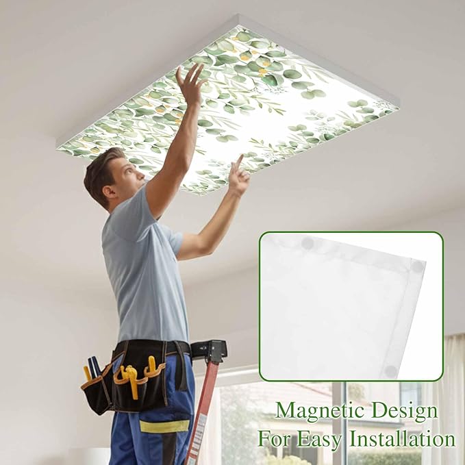 Fluorescent Light Covers for Ceiling Lights Sage Green Eucalyptus Leaves Magnetic Light Filters 2 Pack 4x2 ft Nature Leaf Plant Ceiling Lights Cover for Classroom Office School Home Drop Lamp Decor