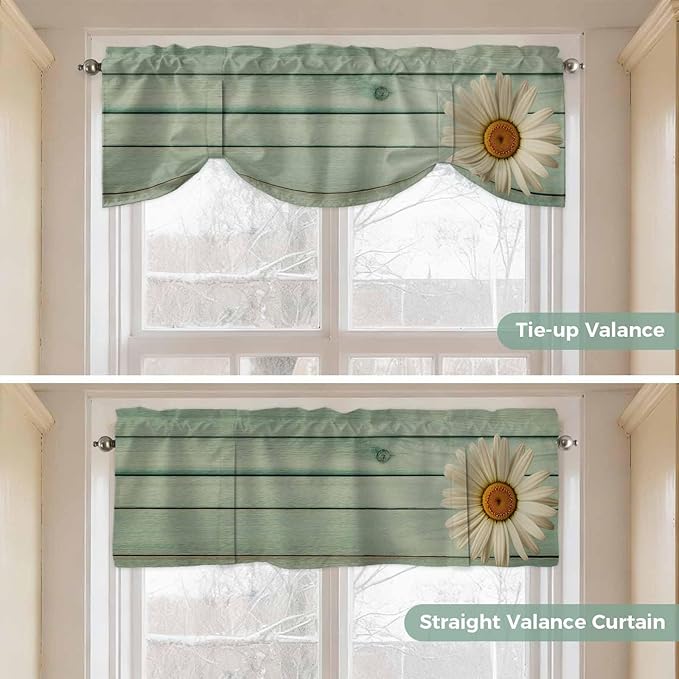 Daisy Flower Tie Up Valance Curtains for Windows, Kitchen Curtains Window Shades, Modern Art Floral Farmhouse Teal Wooden Grain Light Filtering Roman Curtain Valances for Bedroom/Bathroom/Cafe 42"x18"