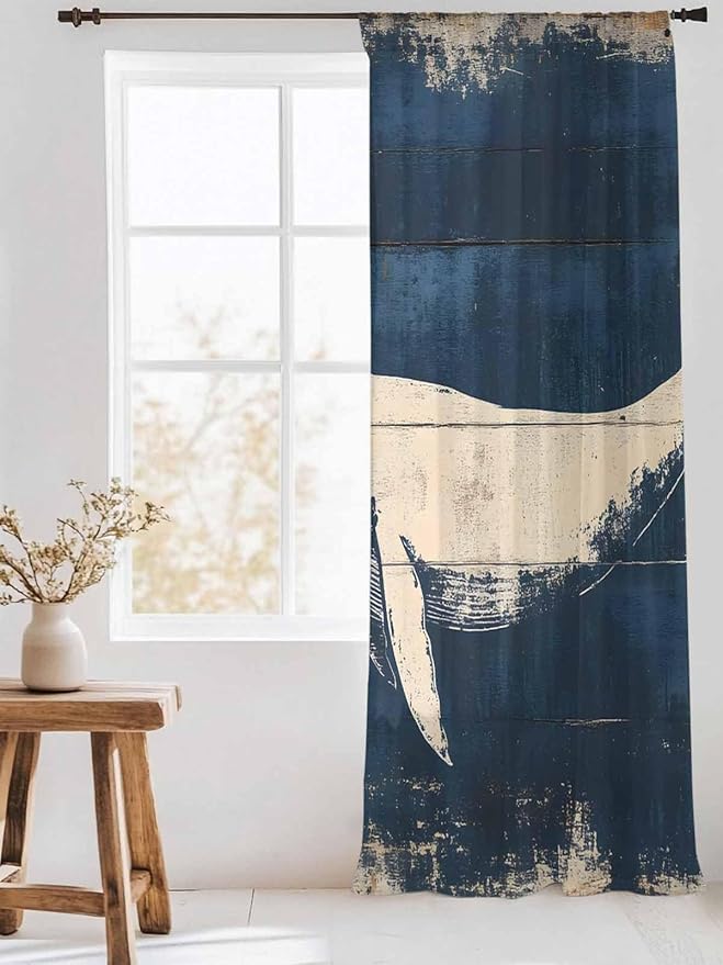 Sheer Curtains 96 Inches Long, Ocean Whale Blue Semi Sheer Curtains Light Filtering Window Treatment, Summer Coastal Vintage Wood Grain Privacy Voile Drapes for Living Room Bedroom 52x96 Inch