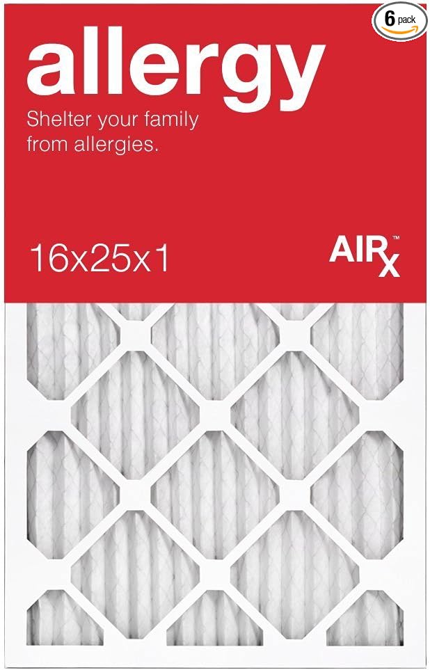 16x25x1 Air Filter ALLERGY by AIRx Filters MERV 11 Pleated 16x25x1 Furnace Filter for HVAC Systems - Made in the USA - Box of 6