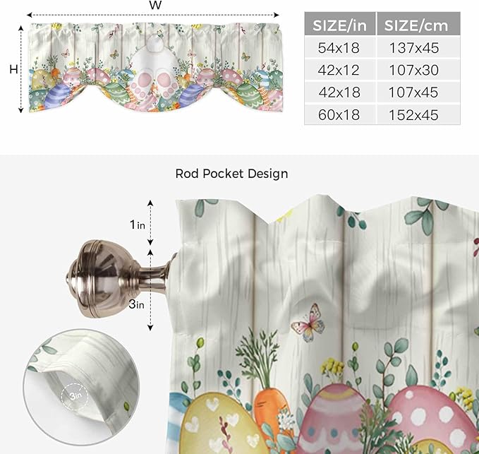 Easter Tie Up Valance Curtains for Windows, Kitchen Curtains Window Shades, Spring Rabbit Ears Foot Colorful Eggs Leaf Floral Light Filtering Roman Curtain Valances for Bedroom/Bathroom/Cafe 42"x12"