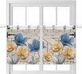Blue Yellow Tulips Kitchen Curtains 24 Inch Length, Small Window Curtains Tab Top, Retro Farmhouse Flower Barn Doors Wooden Light Filtering Short Window Treatments Tier Drapes 27.5"x24" 2 Panel