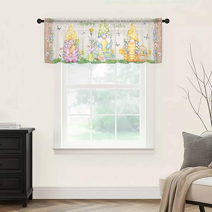 Easter Sheer Valances for Windows 42"x18", Light Filtering Kitchen Curtains Valance, Rustic Gnomes Duck Floral Colorful Eggs Wooden Grain Rod Pocket Chiffon Curtains for Living Room Bedroom Cafe
