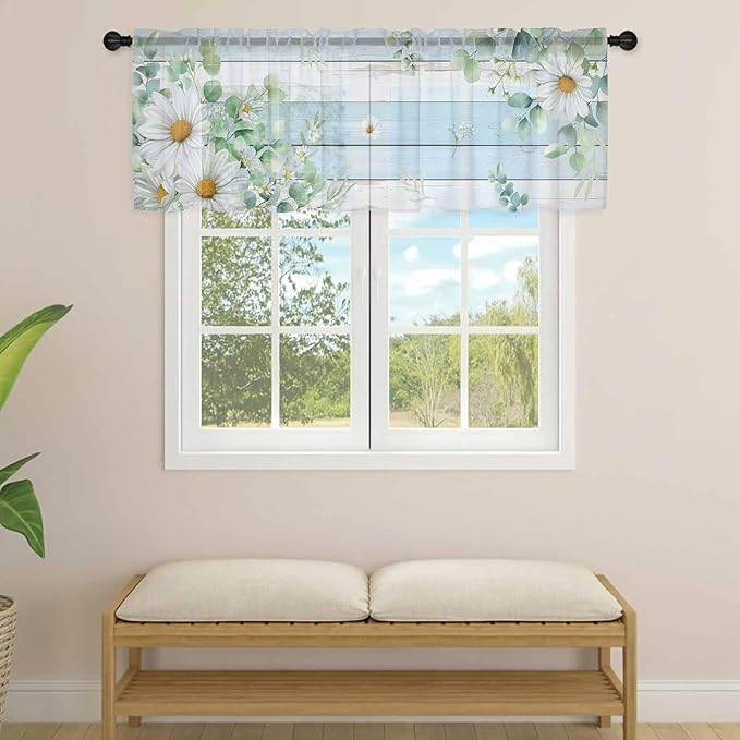 Daisy Eucalyptus Leaves Sheer Valance Curtains, Blue Wood Grain Spring Countryside Light Filtering Kitchen Valances Rod Pocket Voile Curtain Window Treatment for Bedroom/Living Room/Basement 42Wx18L