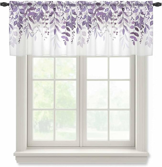 Eucalyptus Leaves Sheer Valance Curtains, Purple Leaves Idyllic Winds Farmhouses Light Filtering Kitchen Valances Rod Pocket Voile Curtain Window Treatment for Bedroom/Living Room/Basement 60Wx18L