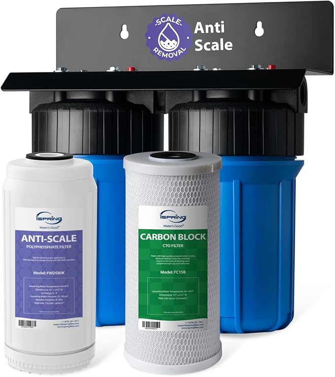 iSpring WGB21B-DS 2-Stage Whole House Water Filtration System, with 10" x 4.5" Sediment CTO(Chlorine, Taste, and Odor) Filter, Anti-Scale polyfilter, 1" Inlet/Outlet
