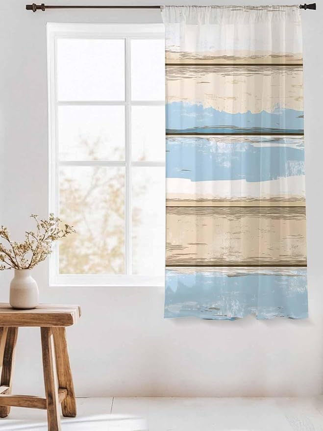 Sheer Curtains 63 Inch Length, Vintage Geometric Blue Semi Sheer Curtains Light Filtering Window Treatment, Abstract Country Shabby Wood Grain Privacy Voile Drapes for Living Room Bedroom 52x63 Inch