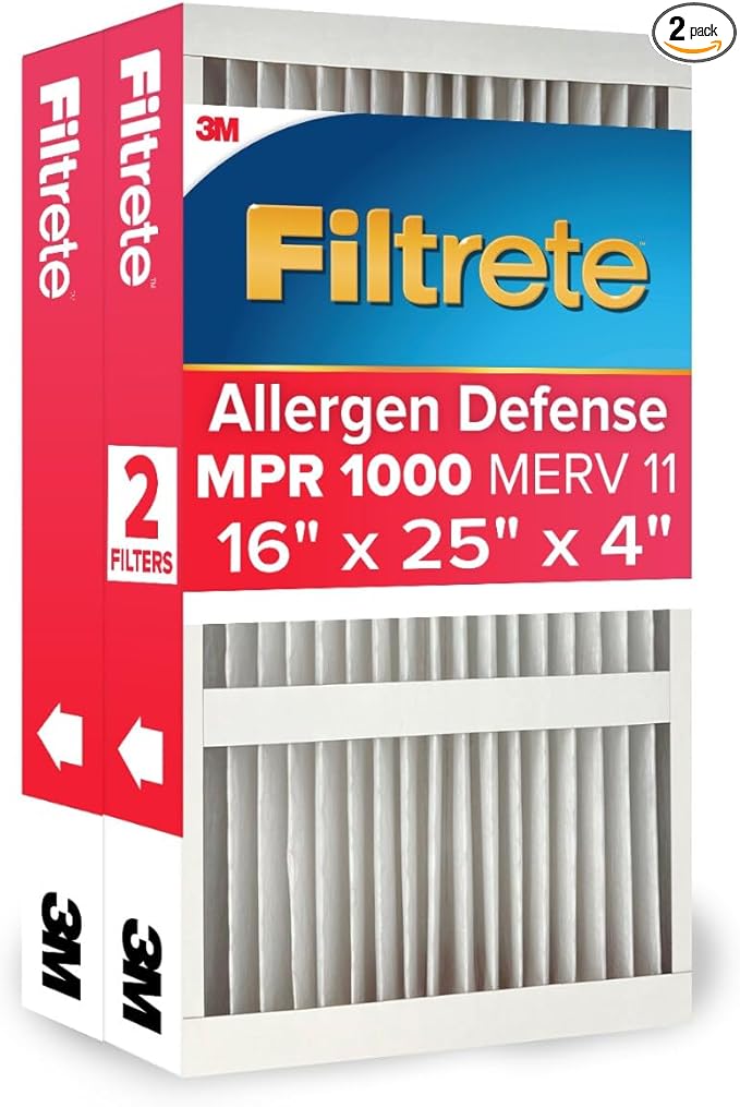 Filtrete 16x25x4 AC Furnace Air Filter, MPR 1000, MERV 11, Fits Honeywell & Lennox, Allergen Defense, Electrostatic Air Cleaning Filter, 2-Pack (Actual Size 15.88x24.56x4.31 in)