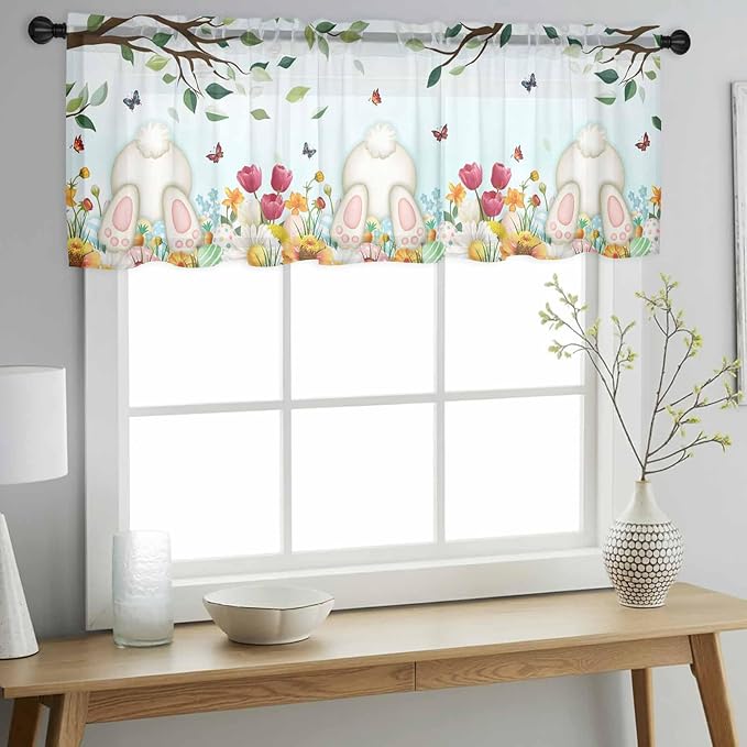 Easter Sheer Valances for Windows 60"x18", Light Filtering Kitchen Curtains Valance, Spring Watercolor Eggs Country Tulip Flower Plant Rod Pocket Chiffon Curtains for Living Room Bedroom Cafe