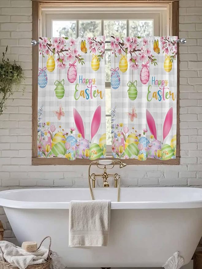 Happy Easter Tier Curtains 45 Inches Long, Spring Watercolor Bunny Eggs Flower Grey Plaid Window Treatment Curtain Drapes, Small Curtain Drapes for Bathroom Laundry Room, 27.5"x45", 2 Panels