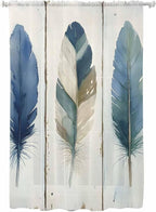 Sheer Curtains 63 Inch Length, Boho Blue Feathers Semi Sheer Curtains Light Filtering Window Treatment, Farmhouse Vintage Wooden Grain Privacy Voile Drapes for Living Room Bedroom 52x63 Inch