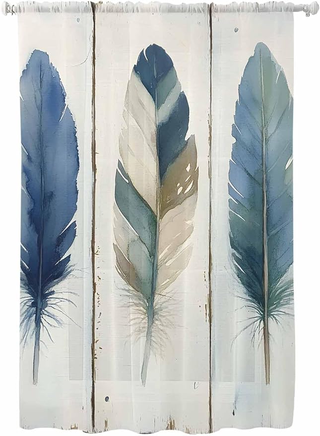 Sheer Curtains 72 Inches Long, Boho Blue Feathers Semi Sheer Curtains Light Filtering Window Treatment, Farmhouse Vintage Wooden Grain Privacy Voile Drapes for Living Room Bedroom 52x72 Inch