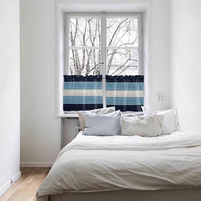 Vintage Country Woodcuts Window Valance Curtains, Blue Gradient Striped Light Filtering Kitchen Valance with 3-inch Rod Pocket for Living Room Bathroom Bedroom,2 Panel,27.5x24In