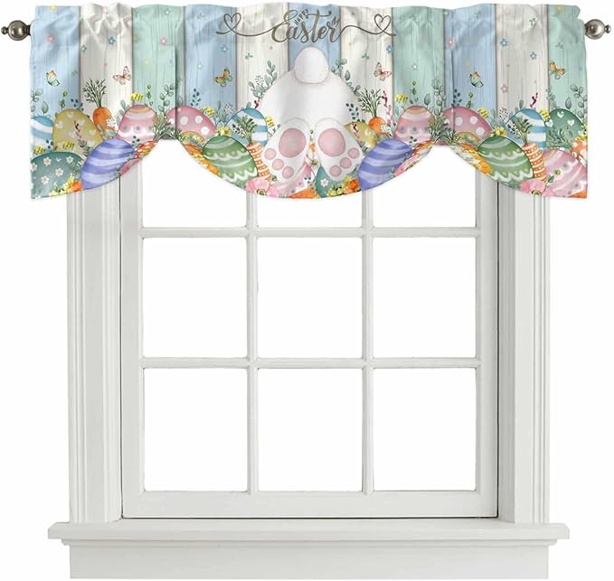 Easter Tie Up Valance Curtains for Windows, Kitchen Curtains Window Shades, Spring Rabbit Ears Foot Flowers Eggs Green Wooden Light Filtering Roman Curtain Valances for Bedroom/Bathroom/Cafe 60"x18"