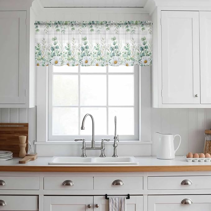Eucalyptus Leaves Daisy Sheer Valance Curtains, Summer Farmhouses Gray Plaid Light Filtering Kitchen Valances Rod Pocket Voile Curtain Window Treatment for Bedroom/Living Room/Basement 54Wx18L