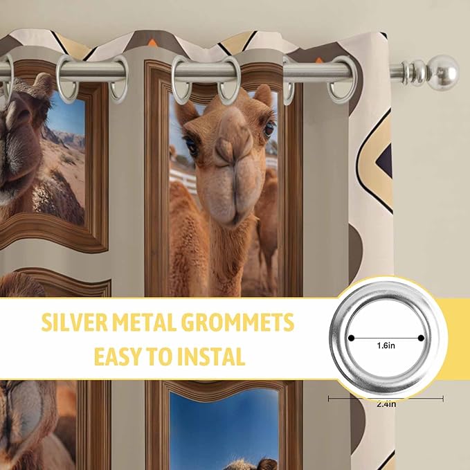 2 Panel Kitchen Cafe Curtains, Desert Camels Sunlight Filtering Nature Air Through, Home Decor Window Covering Tier Curtains for Living Room 55W x 39L inch Western Wildlife Brown Animals Country