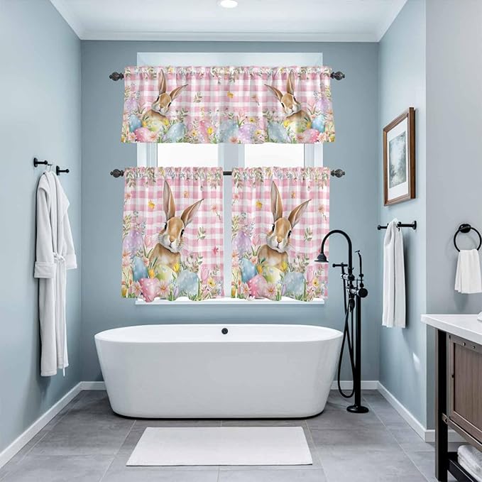 Kitchen Curtains Tiers and Valance Set of 3, Easter Light Filtering Window Curtain Set, Spring Rabbit Eggs Nature Botanicals Pink Plaid Rod Pocket Curtain Drapes for Cafe, Living Room, 24 Inches Tiers