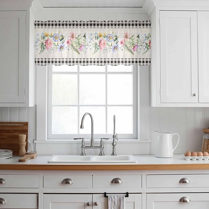 Blue Pink Floral Sheer Valance Curtains, Spring Summer Botanical Linen Black Plaid Light Filtering Kitchen Valances Rod Pocket Voile Curtain Window Treatment for Bedroom/Living Room/Basement 60Wx18L