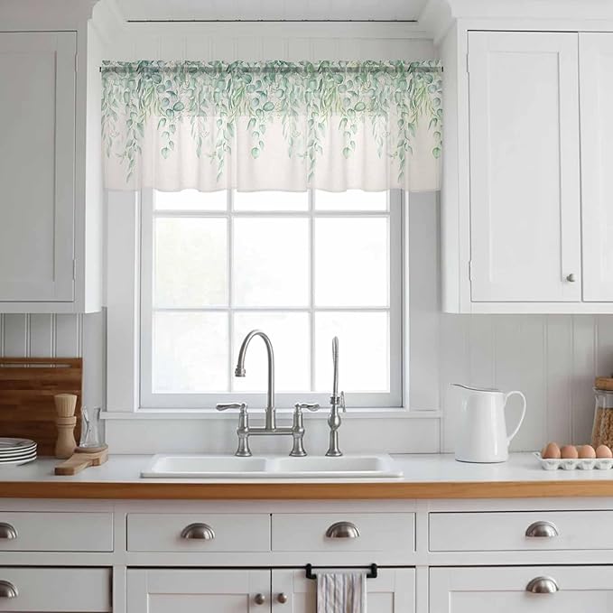Green Leaf Sheer Valance Curtains, Eucalyptus Leaves Vintage Linen Texture Spring Plant Light Filtering Kitchen Valances Rod Pocket Voile Curtain Treatment for Bedroom/Living Room/Basement 54Wx18L