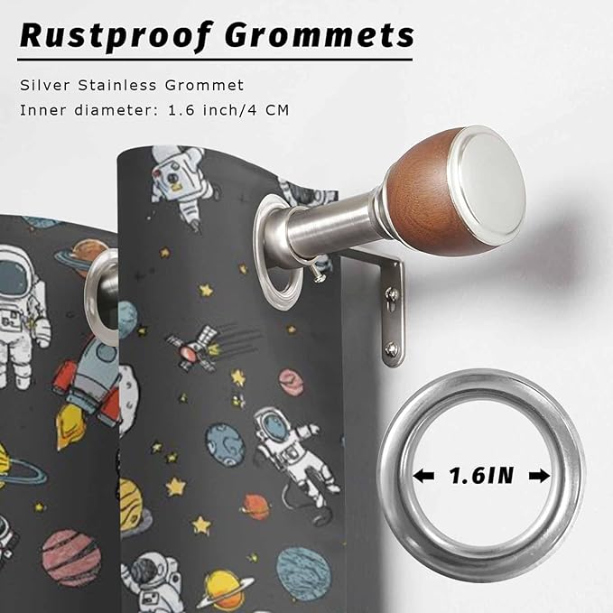 Cartoon Space Outdoor Curtains for Patio Rockets Planets Astronauts Gray Waterproof Outside Curtains with Grommet Top Weatherproof Curtain for Cabana Pergola Gazebo, 1 Panel, 54" W x 108" L