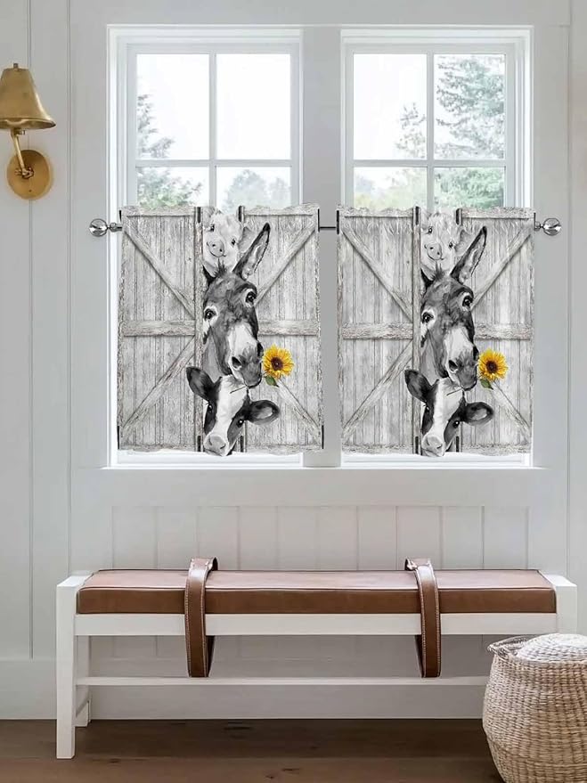 Grey Farmhouse Half Window Curtain 36 Inches Long, Vintage Sunflowers Animals Printed Window Treatment Curtain Drapes, Small Tier Curtains for Bathroom Over Sink, 27.5"x36", 2 Panels