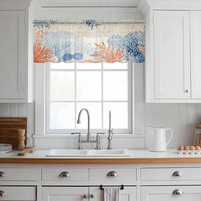 Ocean Corals Sheer Valance Curtains, Summer Beach Coral Sea Stars Retro Texture Light Filtering Kitchen Valances Rod Pocket Voile Curtain Window Treatment for Bedroom/Living Room/Basement 42Wx18L