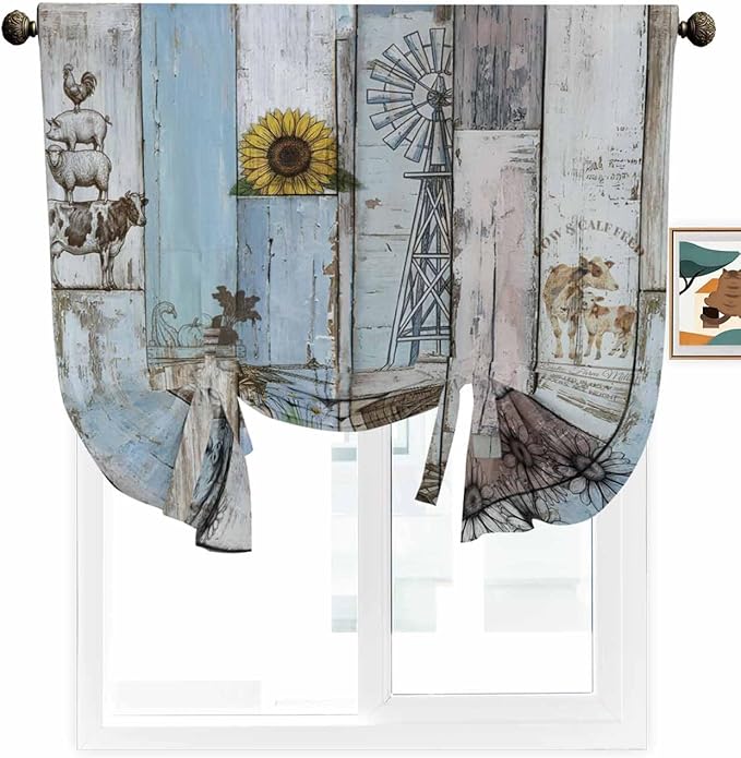 Tie Up Curtains for Windows, Blue Grey Wooden Adjustable Balloon Nature Linen Textured Kitchen Curtain, Farmhouse Barn Sunflowers Retro Privacy Curtains Balloon Blind for Cafe, 42 x 63 Inches