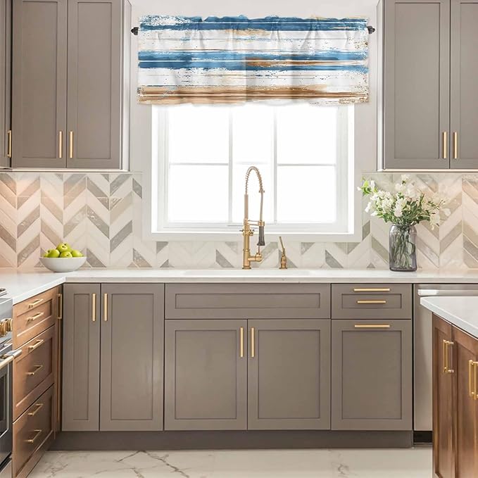 Vintage Blue Valances for Windows, Brown Wood Grain Mottled Texture Abstract Art Kitchen Valance Light Filtering Rod Pocket Short Curtains for Kitchen Bathroom, 1 Panel, 42"x18"