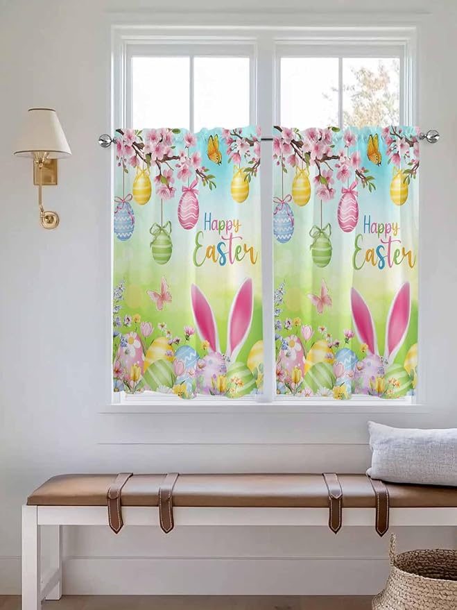 Easter Kitchen Curtains 45 Inches length, Spring Bunny Colorful Rabbit Eggs Butterfly Blue Green Window Treatment Curtain Drapes, Lightweight Window Panels for Living Room Bedroom, 52"x45", 2 Panels