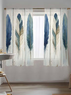 Sheer Curtains 63 Inch Length, Boho Blue Feathers Semi Sheer Curtains Light Filtering Window Treatment, Farmhouse Vintage Wooden Grain Privacy Voile Drapes for Living Room Bedroom 52x63 Inch