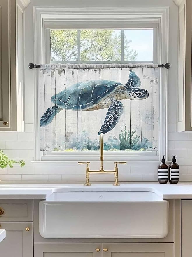 Sheer Curtains 54 Inch Length, Sea Turtle Teal Blue Semi Sheer Curtains Light Filtering Window Treatment, Summer Coastal Ocean Wood Grain Privacy Voile Drapes for Living Room Bedroom 52x54 Inch