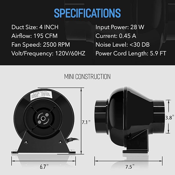 iPower 4" 195 CFM Inline Fan with Upgrade Air Carbon Filter, 8 FT Silver Ducting & Rope Hanger, Ventilation System for Grow Tent, Hydroponics, Air Circulation