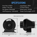 iPower 4 Inch 195 CFM Inline Fan Ventilation Exhaust Blower, Air Carbon Filter with Hook, 8 Feet Flexible Ducting, Rope Hanger, for Grow Tent Ventilation
