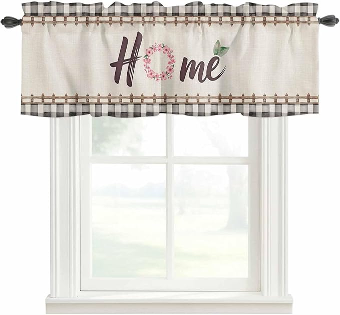 Spring Flowers Curtain Valances for Windows, Kitchen Valance Window Treatment, Vintage Watercolor Black Plaid on Linen Light Filtering Block Curtains for Bathroom/Bedroom/Living Room 54'' x 18''