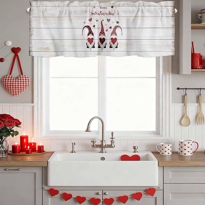 Happy Valentine's Valance Curtains for Kitchen, Day Gnomes Love Heart on Rustic Wood Grain Privacy Rod Pocket Valance Curtain, Light-Filtering Window Treatment for Bedroom Bathroom, 54"x18"