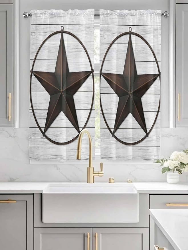Vintage Farm Western Star Window Valance Curtains, White Wood Grain Light Filtering Kitchen Valance with 3-inch Rod Pocket for Living Room Bathroom Bedroom,2 Panel,42x63In