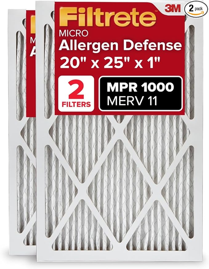 Filtrete 20x25x1 AC Furnace Air Filter, MERV 11, MPR 1000, Micro Allergen Defense, 3-Month Pleated 1-Inch Electrostatic Air Cleaning Filter, 2 Pack (Actual Size 19.688 x 24.688 x 0.84 in)