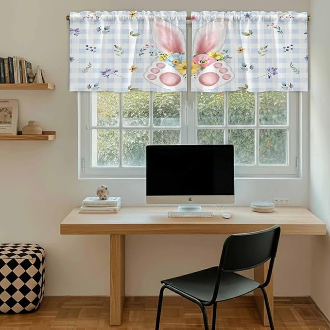 Easter Kitchen Tier Curtains 36 Inch Long 2 Panel Set,Rod Pocket Half Window Curtains Over Sink,Spring Rabbits Ears Feet Floral Blue Lattice Light Filtering Short Drapes Cafe 27.5"W x 36"L
