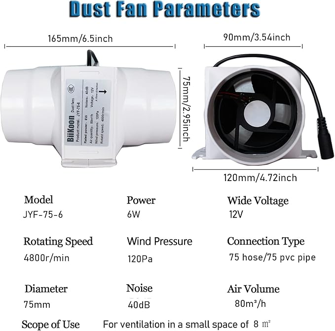 Inline Duct Fans 3 Inch 12V Extractor Fan 6W 47Cfm Plastic Variable Vent Blower Workshop Dust Fume Air Extractor Fan for Carbon Filter (Color : Adjustable Speed, Size : 6w)