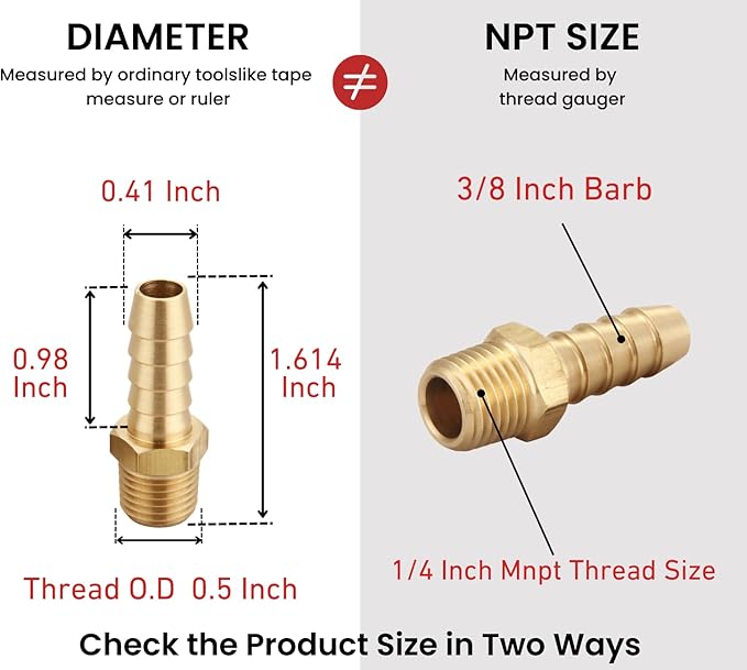 3/8 Inch Hose Barb to 1/4 Inch NPT Male Thread Brass Air Hose Barb Fittings, Brass Barbed Air Hose Repair Connector, (10 Piece)