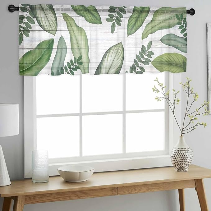 Summer Palm Leaf Sheer Valance Curtains, Green Tropical Plants Nature Leaves Wood Grain Light Filtering Kitchen Valances Rod Pocket Voile Curtain Treatment for Bedroom/Living Room/Basement 60Wx18L