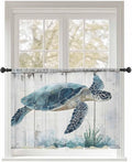 Sheer Curtains 54 Inch Length, Sea Turtle Teal Blue Semi Sheer Curtains Light Filtering Window Treatment, Summer Coastal Ocean Wood Grain Privacy Voile Drapes for Living Room Bedroom 52x54 Inch