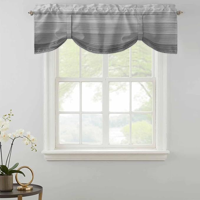 Grey Ombre Wooden Tie Up Valance Curtains for Windows, Kitchen Curtains Window Shades, Farmhouse Retro Gray Wood Gradient Light Filtering Roman Curtain Valances for Bedroom/Bathroom/Cafe 60"x18"